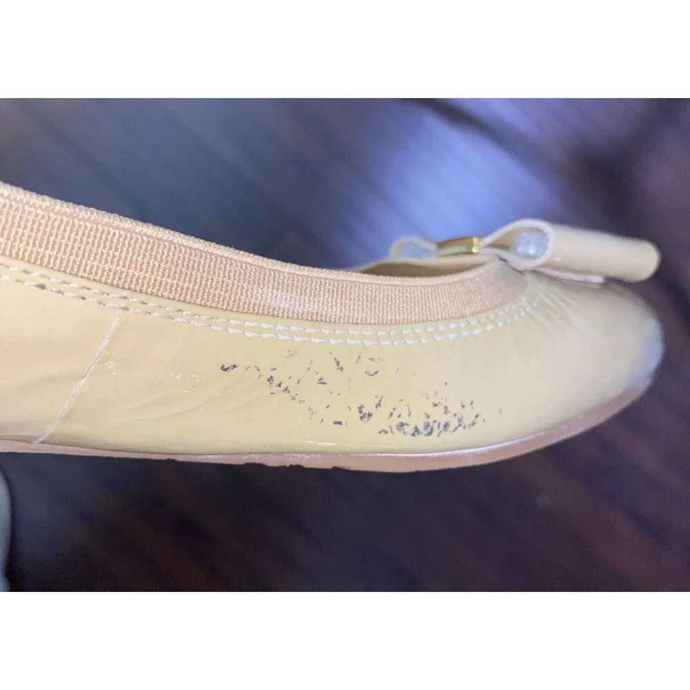 Kate Spade New York Patent Leather Ballet Flats Tan Bow Slip On Shoes 8.5 M